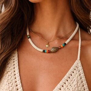 NWT Henna Beaded Necklace Boho Tribal Neutral Multi Color